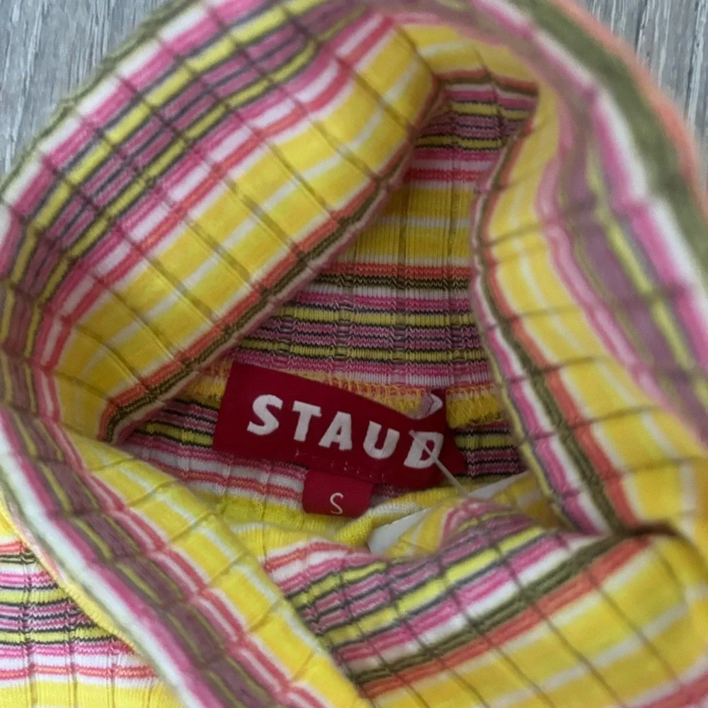 STAUD Yellow and Brown Striped Ribbed Turtleneck Midi Dress - Picture 2 of 5